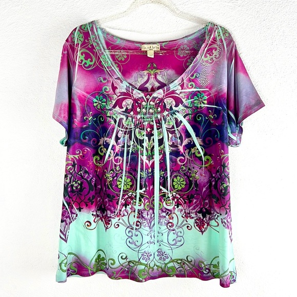 live and let live Tops - LIVE AND LET LIVE | 💚💜 Boho Style Loose Paisley Brocade Print Sparkly Blouse